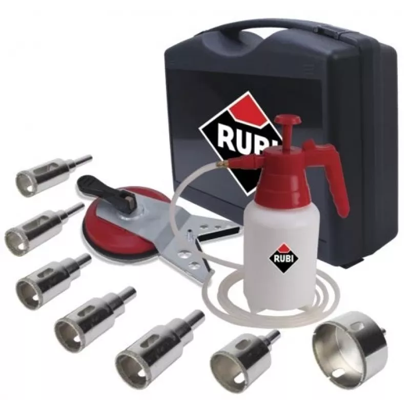 Puuriterade komplekt RUBI Easy Gres Plus Kit — 7 tk teemantpuuritera, 27 mm pikkus, portselani jaoks, kandekohvriga