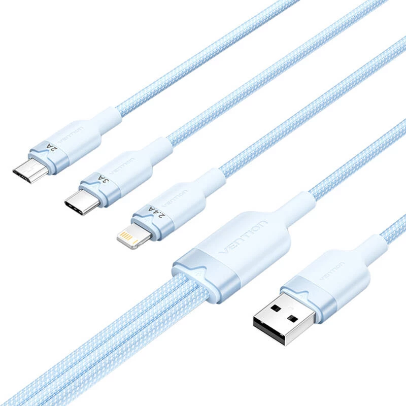 USB 2.0 A kuni 3-ühes 3A kaabel Vention CTPLG 1,5 m sinine – andmeedastus ja laadimine