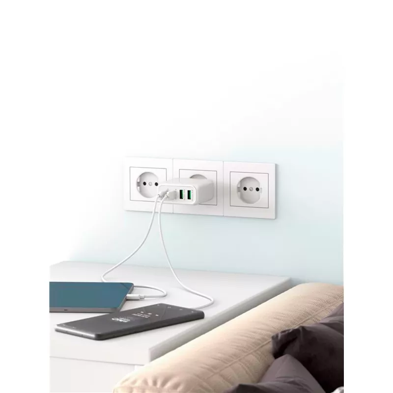 Goobay 64818 laadija mobiilseadmetele, kõrvaklappidele, sülearvutile, nutitelefonile, valge, vahelduvvool, kiirlaadimine, siseruumides (64818)