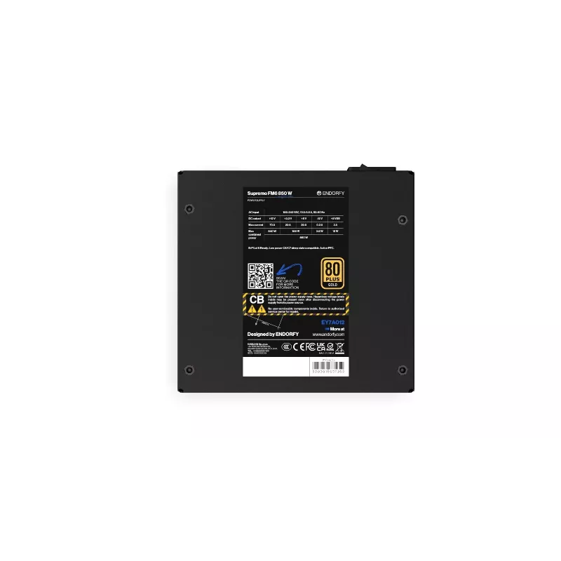 Toiteplokk ENDORFY Supremo FM6 850 W, 24-kontaktiline ATX, täielikult modulaarne, 80 PLUS Gold, 120 mm ventilaator, must