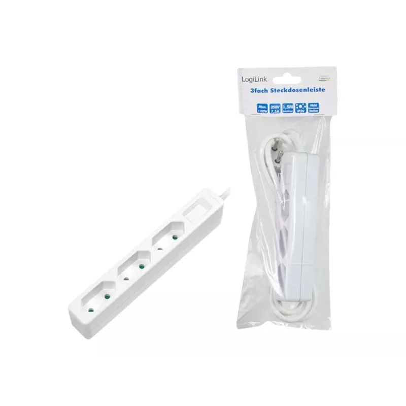 Pikendusjuhe LogiLink LPS229 1,5 m 3 vahelduvvoolupesa siseruumidesse valge