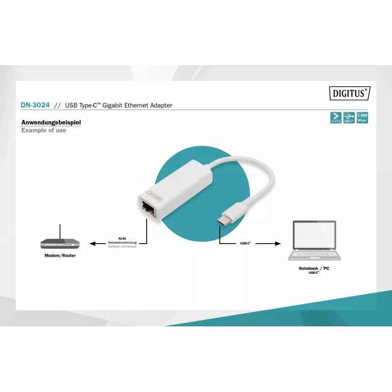 Digitus DN-3024 USB 3.0 adapter 20 cm 1x USB-C – 1x RJ45 varjestatud