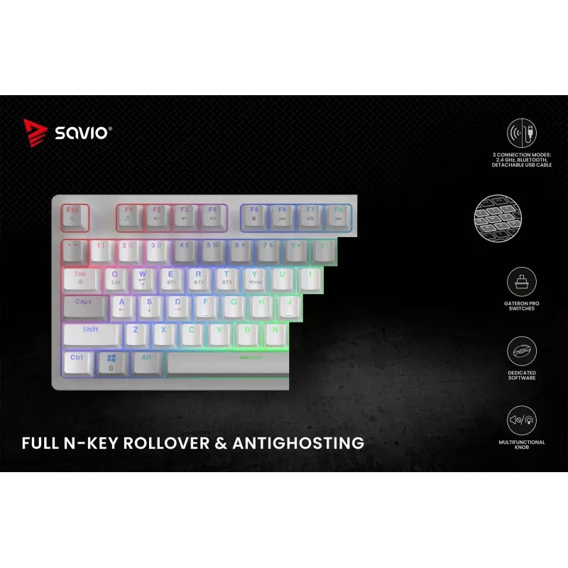SAVIO PHENIX WHITE juhtmeta mehaaniline klaviatuur, Gateron Red Pro, ABS