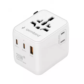 Reisiadapter GEMBIRD TPA-1A2C20-01-W — 20 W, USB-A (18 W) + 2× USB-C (20 W), Type E pistik, valge