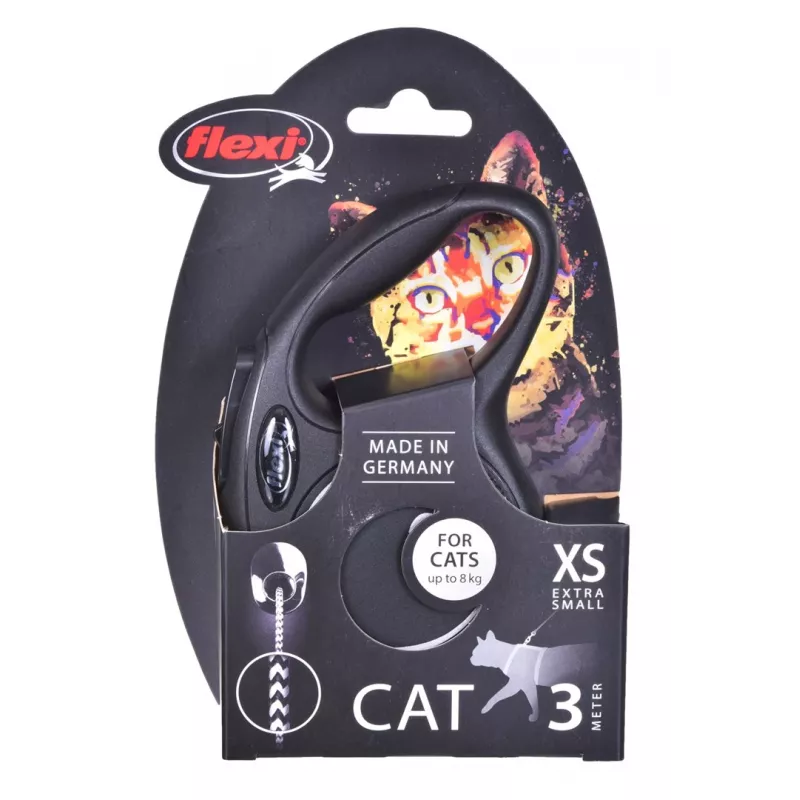 Sissetõmmatav rihm Flexi New Classic Cat XS 3 m — nöörrihm väikestele lemmikloomadele, must, max koormus 8 kg