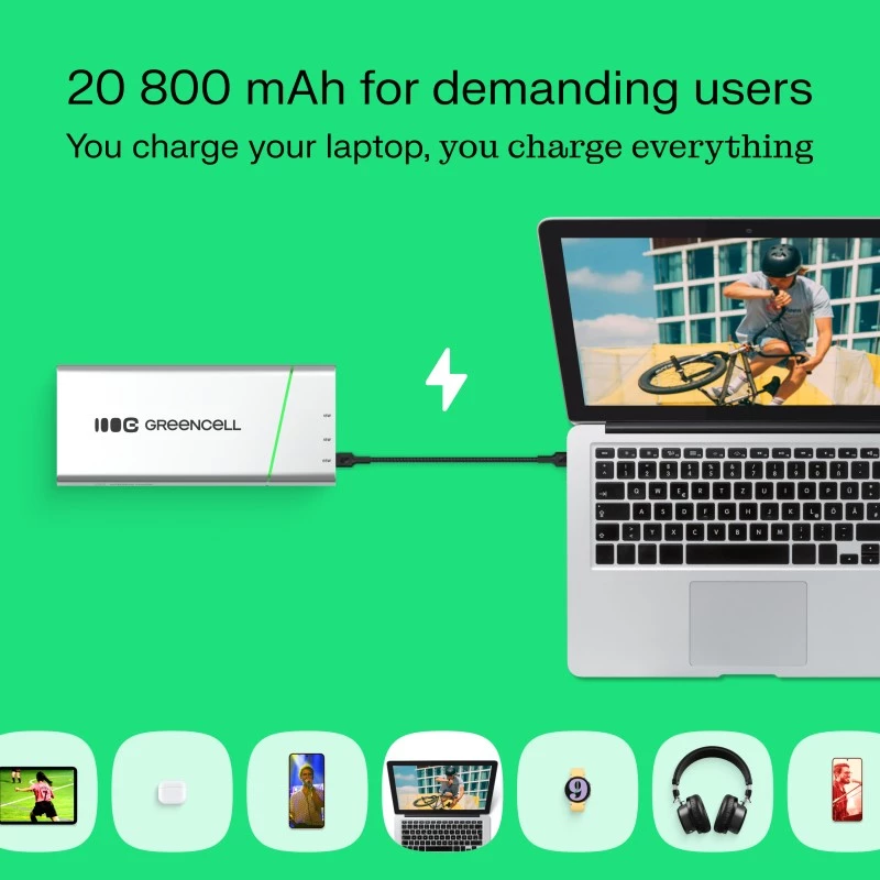 Kaasaskantav aku roheline Cell BPLGC20P 20800 mAh liitiumioon, USB-C PD 65W, 2x USB-C + 1x USB-A, alumiiniumkorpus