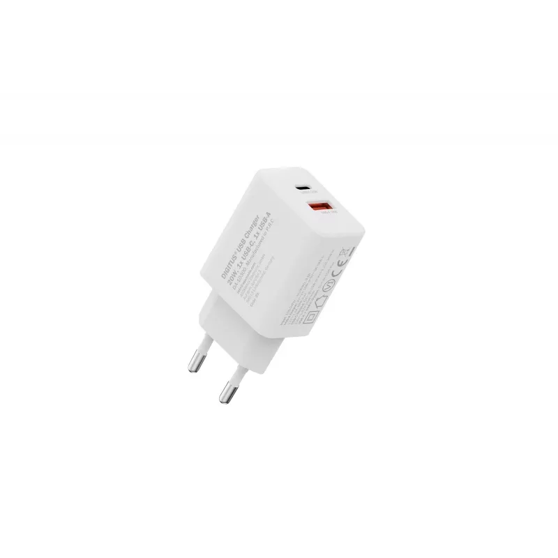 AC-USB-laadija DIGITUS 20 W, 1x USB-C, 1x USB-A, sisend 100–240 V, valge