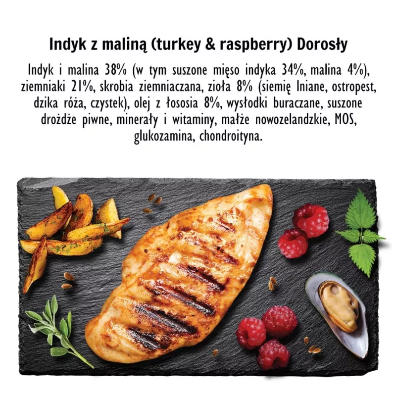 Kuiv koeratoit PAKA ZWIERZAKA Turkey with Raspberry M — 9 kg, suurtele täiskasvanud tõugudele, 28% valku, 15% rasva