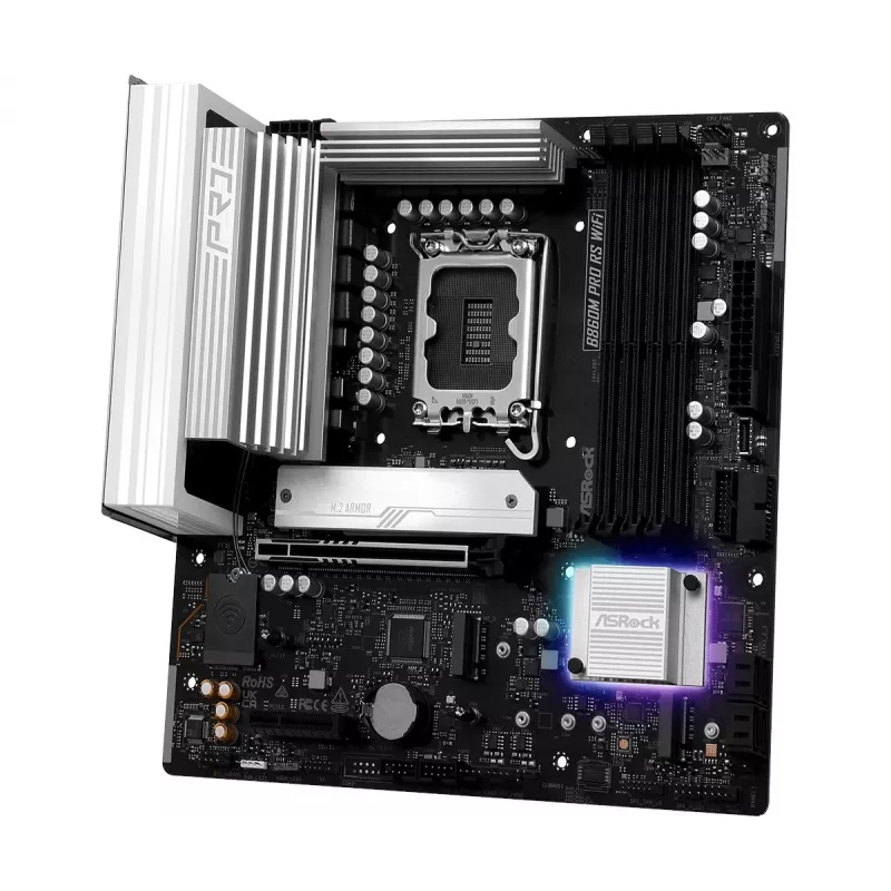 Emaplaat ASRock B860M Pro RS WiFi — Intel B860, LGA 1851, micro ATX, DDR5, 4 DIMM, 3x M.2, 2.5Gb LAN, Wi‑Fi, Bluetooth