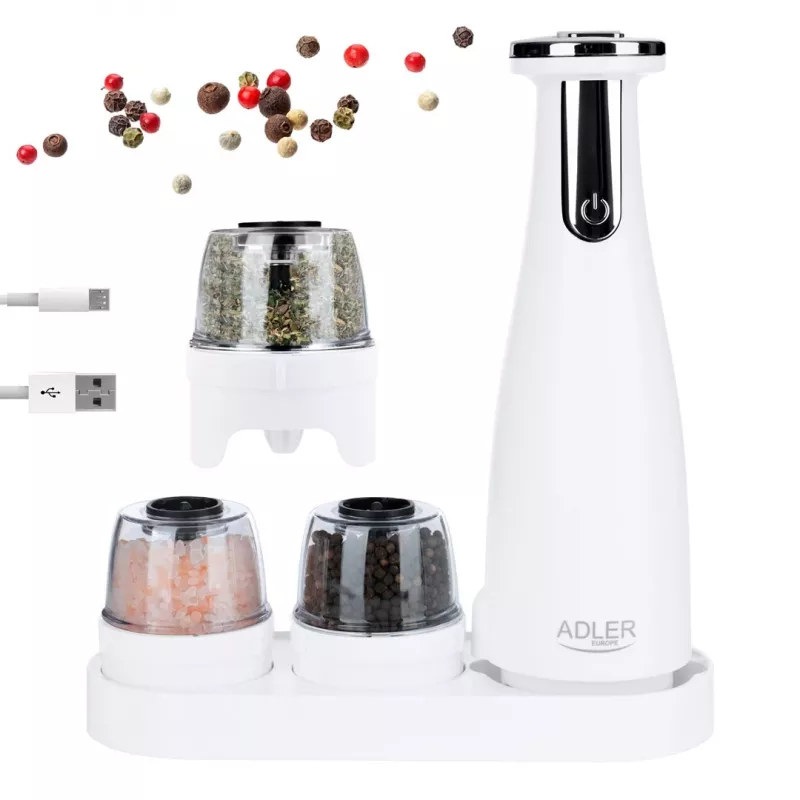 Burri soola- ja pipraveskite komplekt Adler AD 4449W Steel Valge, keraamiline veskikivi, 150 ml, USB-C laetav
