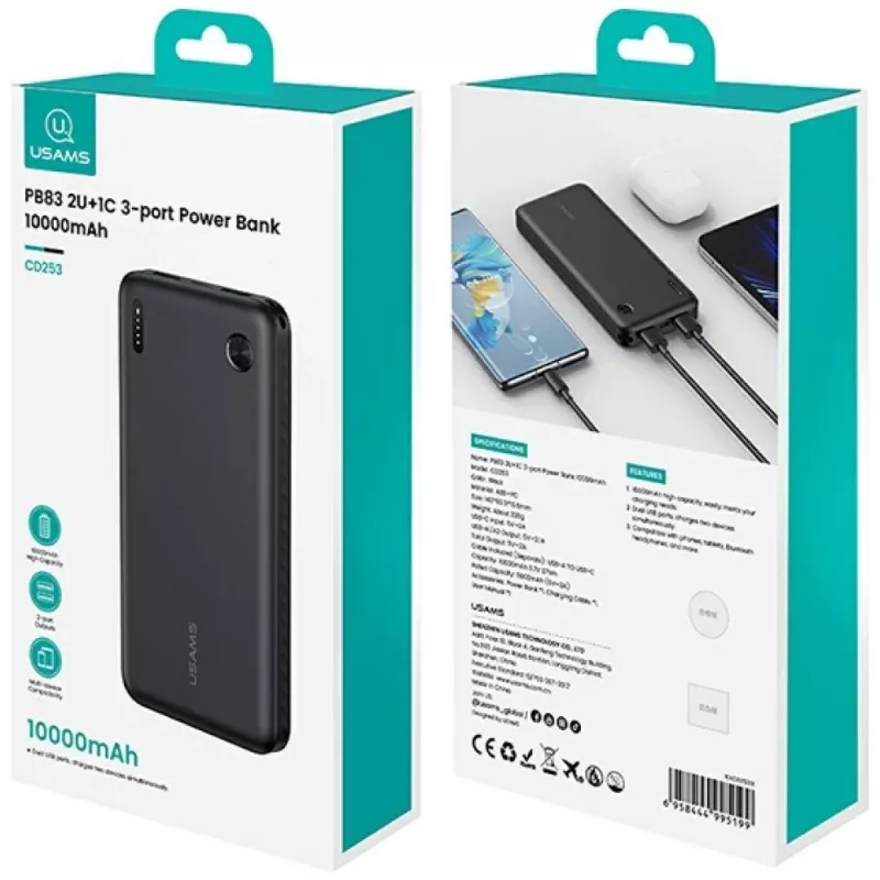 Akupank usams PB83 10000 mAh PD 2×USB-A USB-C valge