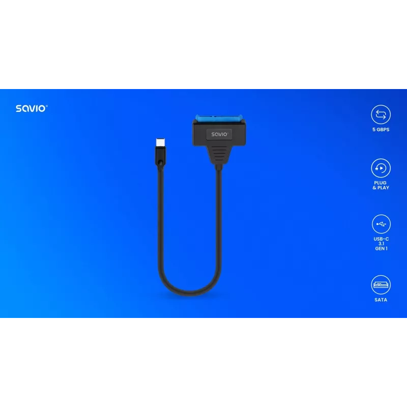 SAVIO SATA–USB-C liidesekaabel AK-69, SATA-emane–USB-C-isane, USB 3.2 Gen 1 (5 Gbit/s), 0,25 m, must