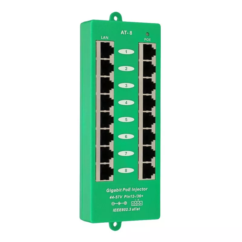 Extralink Gigabit PoE süstija 8 porti aktiivne, 8 porti Gigabit 802.3at/af, Mode A
