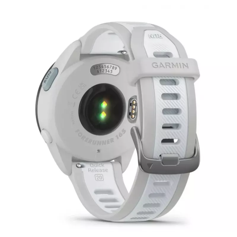 Nutikell GARMIN Forerunner 165 — GPS, AMOLED 1,2 tolli, 4 GB, 5 ATM, aku kestvus 11 päeva, hall korpus, valge rihm