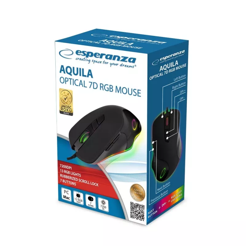 Optiline mängurihiir ESPERANZA EM132 — 7 nuppu, 7200 DPI, RGB, paremakäeline, USB 2.0, 1,5 m kaabel