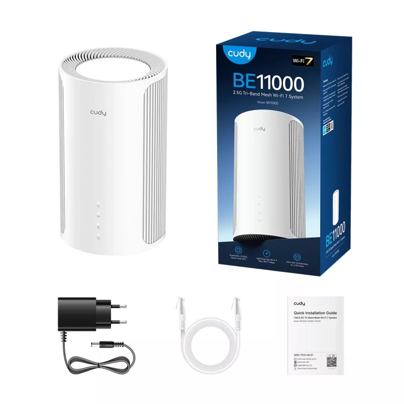 Võrgusilmaruuter Cudy M11000 kolmeribalise (2,4 / 5 / 6 GHz) Wi‑Fi 7 4x LAN valge, 4 sisemist antenni