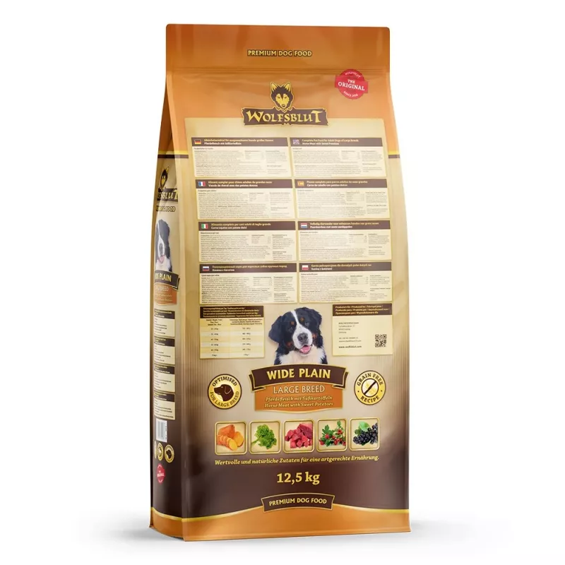 Kuiv koeratoit Wolfsblut Wide Plain Large Breed — hobuseliha ja bataadiga, 12,5 kg, 24% valku, 10% rasva