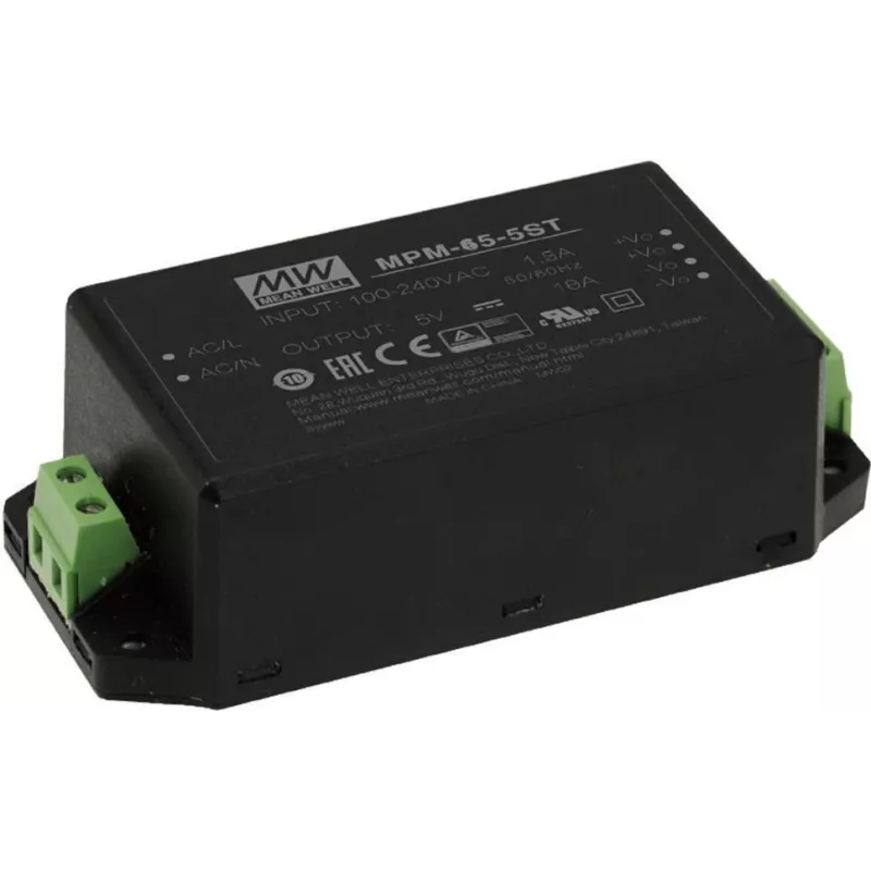 Toiteadapter MEAN WELL MPM-65-24ST 65 W sisetingimustesse 24 V must, sisend 80–264 V, 2xMOPP, EN/UL 60601