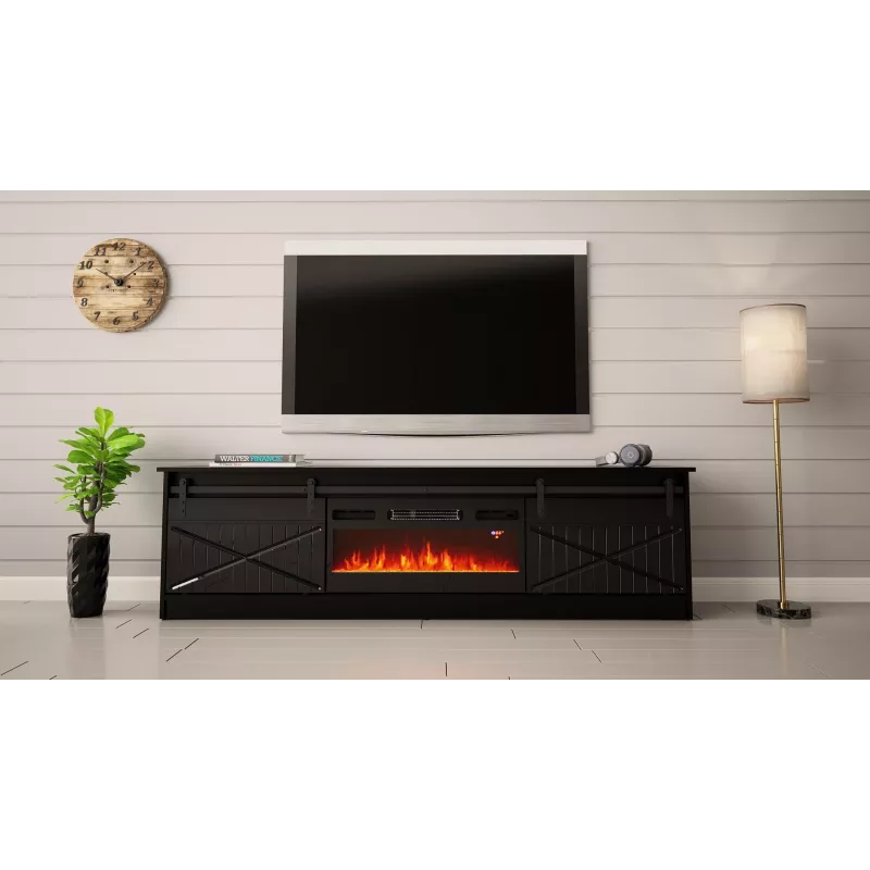 TV-kapp kaminaga Cama Meble GRANERO mudel — 200 x 56,7 x 35 cm, must/must läige, 2 ust, 2 riiulit, lükanduksed, MDF/puitlaastplaat