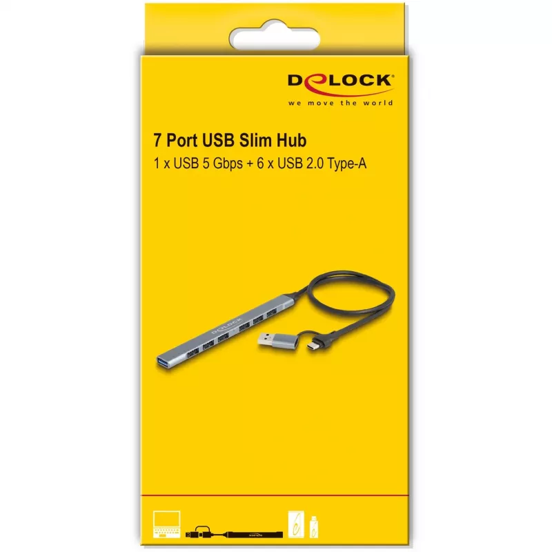 DELOCK 4 pordiga õhuke USB-jaotur — USB 3.2 Gen 1 host USB-C, 3× USB 5 Gbps USB-C + 1× USB 5 Gbps Type-A, hall, metallist