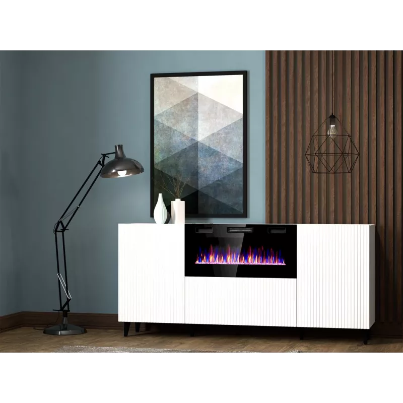 Sahtlitega kapp elektrikaminaga Cama Meble PAFOS, 180x42x82 cm, valge matt, 1400–1600 W, käepidemeteta, 3 ust, 2 riiulit