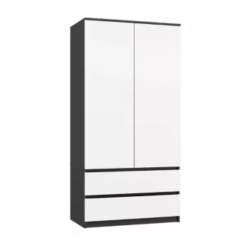 Rõivakapp top e shop MALWA SS-90, 90×180×50 cm, antratsiitkarkass, valged hingedega uksed, 2 sahtlit, laminaat 16 mm