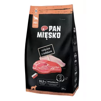 Kuiv koeratoit Pan Miesko Veiseliha kalkuniga XS 20 kg — täiskasvanud väikestele tõugudele, 30% valku, 20% rasva