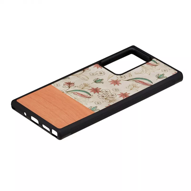 Mehe ja puidu kaitsev telefonikohver Samsung Galaxy Note 20 Ultra jaoks — Roosa lill mustal