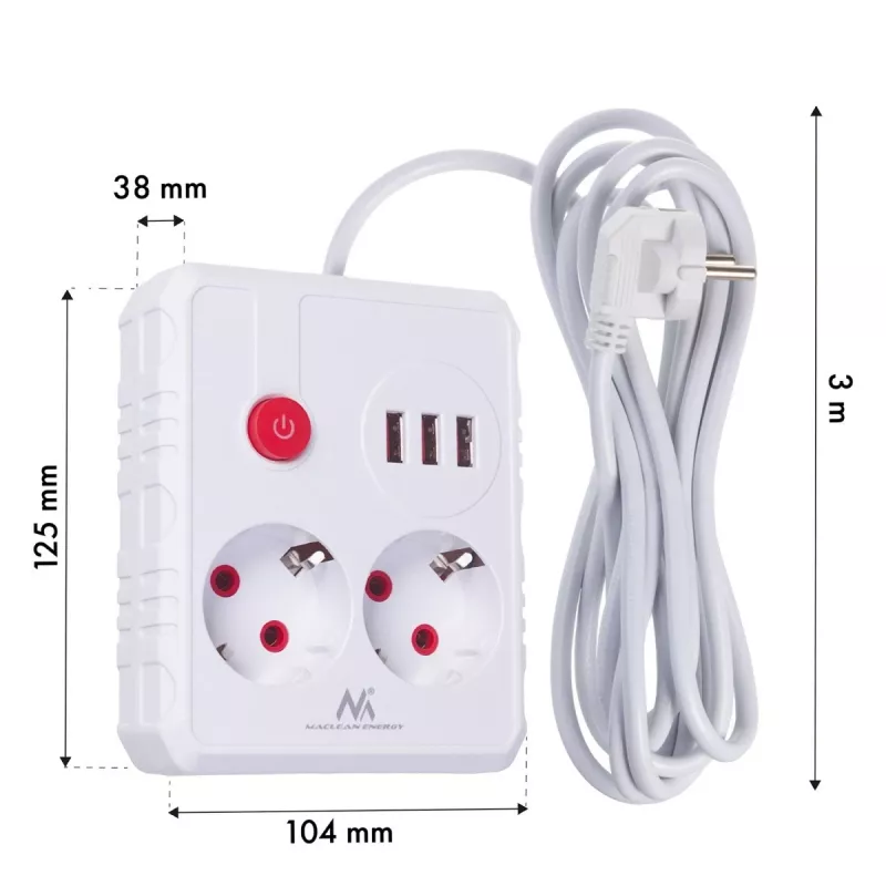 Pistikupesadega pikendusjuhe MACLEAN MCE388 W — 2 pistikupesa, 3×USB, 110–240 V, 2500 W, 3 m kaabel, valge