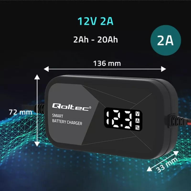 Akulaadija QOLTEC 52492 12V 2A mikroprotsessorjuhtimise ja akuelementide taastamise funktsiooniga