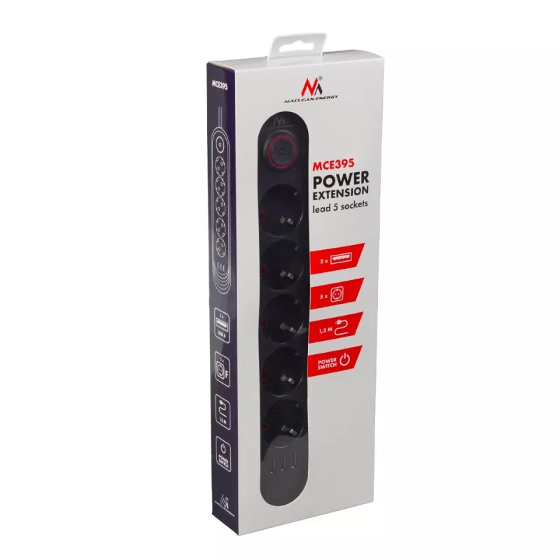 Pistikupesa MACLEAN MCE395 B — 5 pistikupesa, 3×USB, 110–240V AC, 2.1A USB, 2500W, 1.5 m kaabel, must