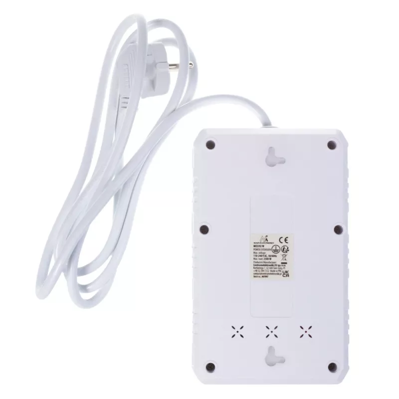 Pikendusjuhe MACLEAN MCE392 W — 4 F-pesa, 3×USB A, 110–240V, 2,1A max, 2500W, 1,5 m kaabel, valge