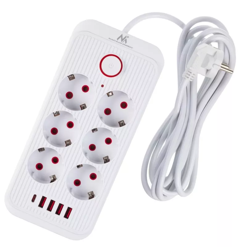 Pikendusjuhe MACLEAN MCE391 W — 6 pistikupesa, 4×USB-A + 1×USB-C, 3 m kaabel, 110–240 V, 2500 W, valge