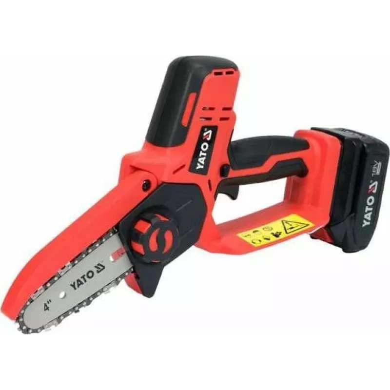 Akutoitega kettsaag YATO YT-828135 — 18V Li-Ion 2Ah, 10 cm latt, 3200 p/min, 4,8 m/s keti kiirus, 26 lüli