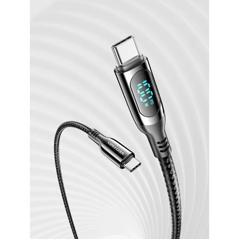 Vention puuvillane punutud USB 2.0 C isane C isasele 5A kaabel LED-ekraaniga 1,2 m must tsink-sulam tüüp
