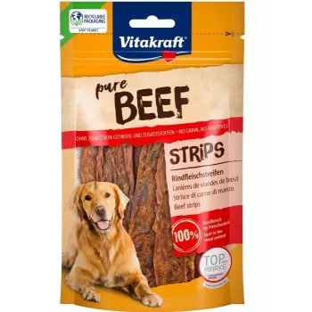 Koerte maius Vitakraft Pure Beef Strips 80 g — ühe koostisosaga veiseliha, teraviljavaba, gluteenivaba, sobib kõikidele tõugudele