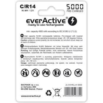 Laetav NiMH silindriline aku everActive EVHRL14-5000, 1,2 V, 2 tk, kõrgus 51,5 mm
