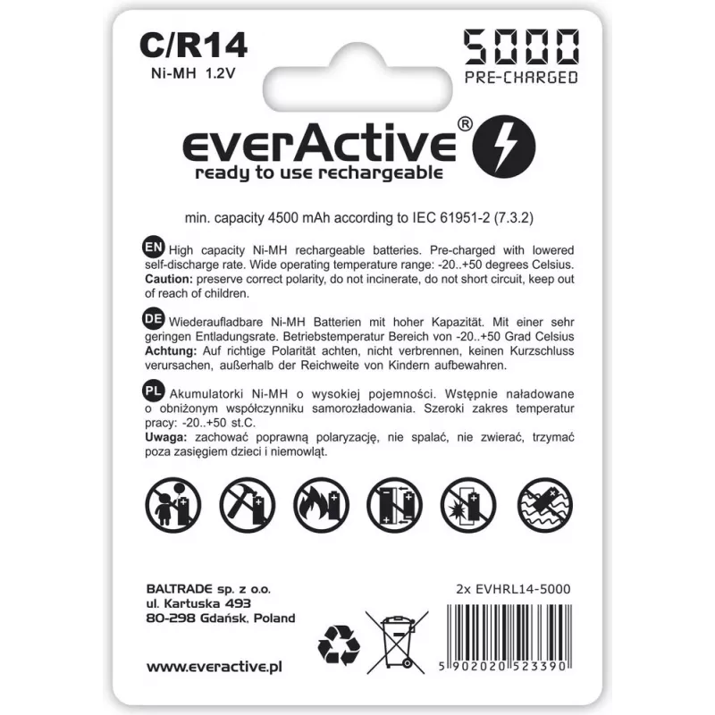 Laetav NiMH silindriline aku everActive EVHRL14-5000, 1,2 V, 2 tk, kõrgus 51,5 mm
