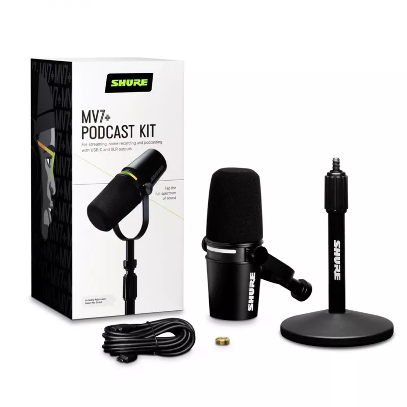 Shure MV7+-K-BNDL - kõnepuldi/vokaalmikrofon XLR/USB-C pesaga, must + lauajalg GATOR