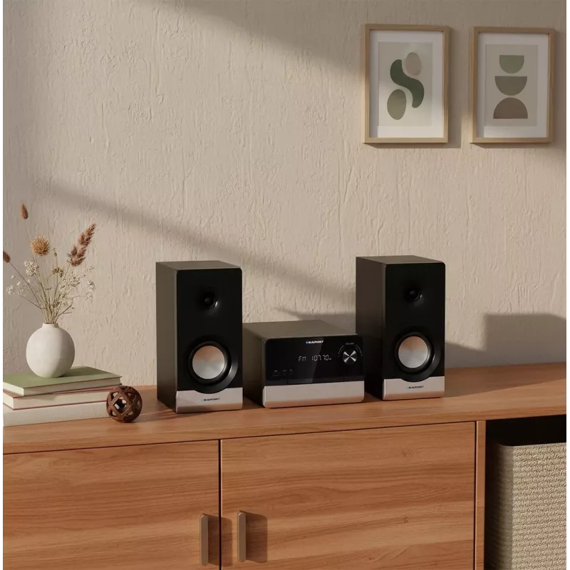 Kodune helimikrosüsteem BLAUPUNKT MS40.2BT — 2×50 W RMS, Bluetooth, CD, USB, HDMI ARC, optiline sisend, LED-ekraan (must)