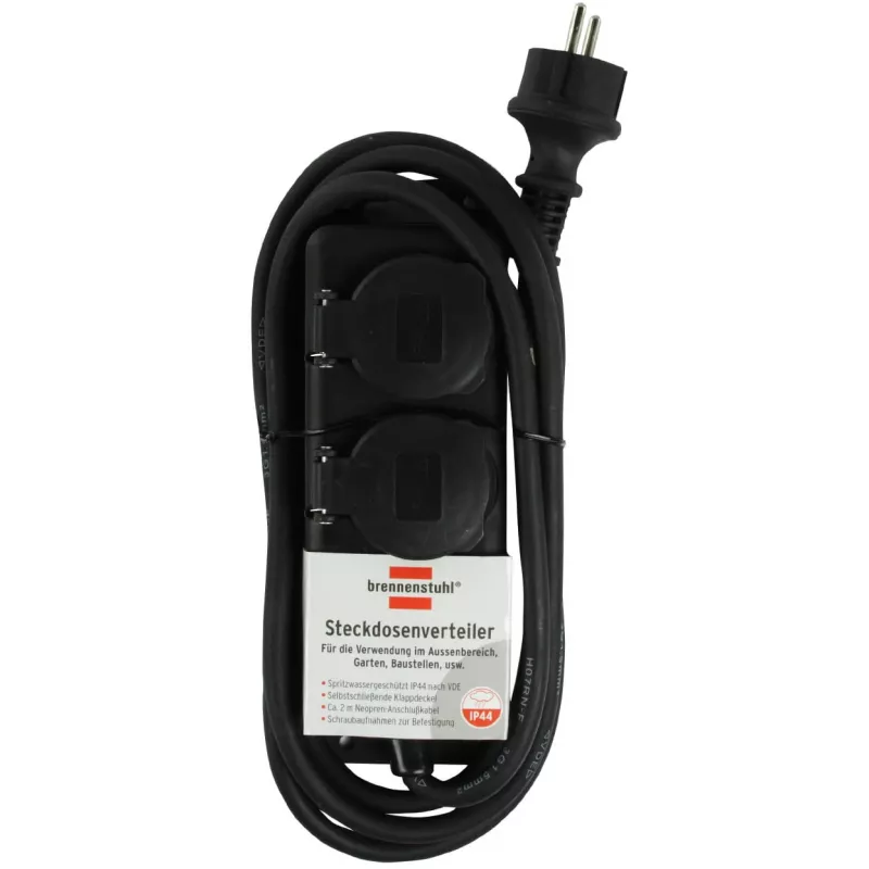 Brennenstuhl pikenduspesa IP44 2-suunaline must 2,0m H07RN-F 3G1,5 - Pikendusjuhe - AC 230 V - väljundpistikud: 2 - 2 m (1159930)