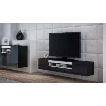 TV-alus cama meble VIVA 180 — 1800×400×370 mm, must pealispind (puitlaastplaat), must raam, valged aktsendid