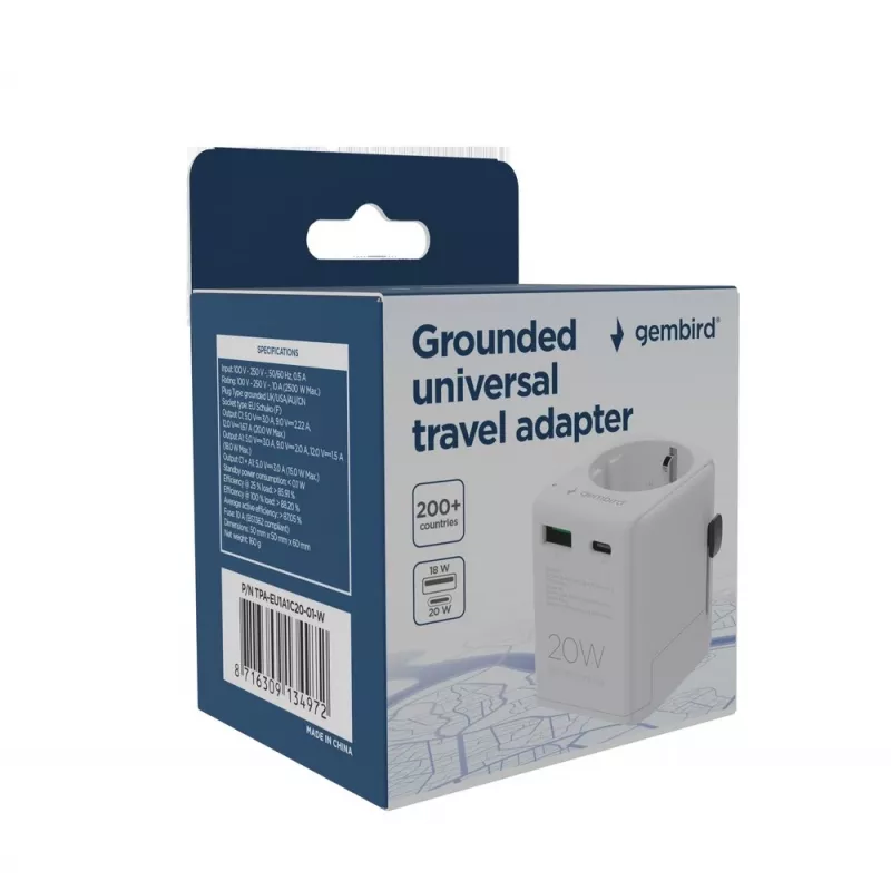 Reisiadapter GEMBIRD TPA-EU1A1C20-01-W 20W, USB-A 18W + USB-C 20W, Schuko pistikupesa, sisend 100–250V