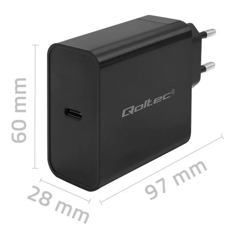 Laadija QOLTEC Super Quick PD 65W USB‑C Power Delivery 5–20V, 1x USB‑C, USB PD 3.0, Type C pistik, 65 W