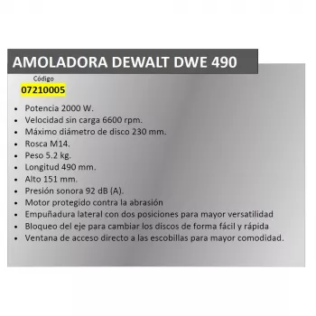 Nurklihvija DeWALT DWR490 — 2200 W, 230 mm ketas, 6600 p/min, 5,2 kg