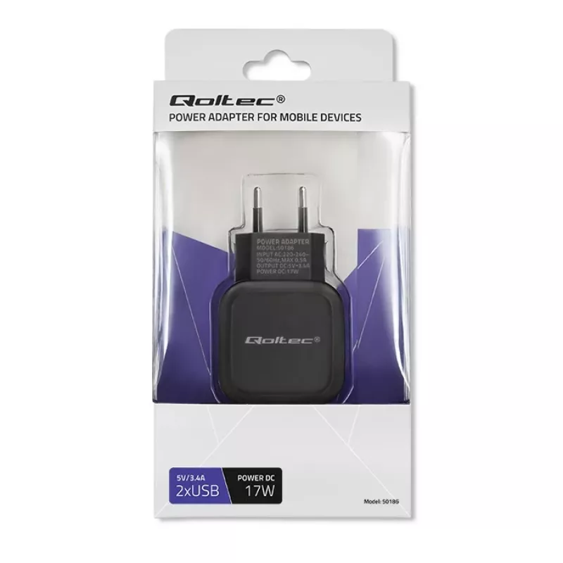 Sisetoiteadapter QOLTEC 50186 nutitelefonile ja tahvelarvutile, 5 V 3,4 A, 17 W, 2× USB, must