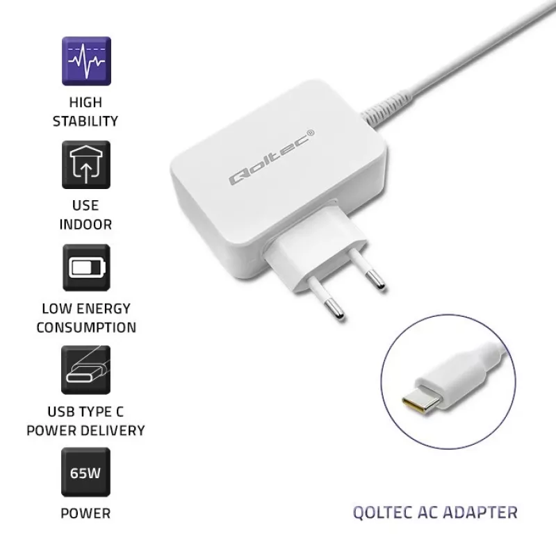 Toiteadapter QOLTEC 51039 65W AC-to-DC 220–240V 20.3V/3.25A Type C valge, 1.7 m kaabel