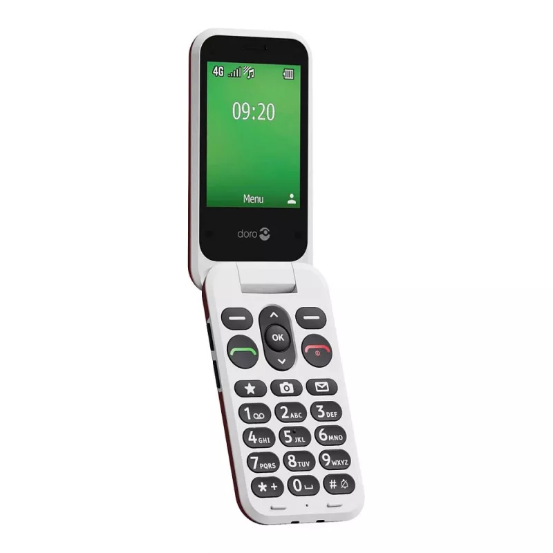 Funktsioonitelefon Doro Leva E22 karpkujuline, 2,8-tolline (7,11 cm) ekraan, üks SIM, 0,3 MP kaamera, 1150 mAh, 127,8 g, punane/valge