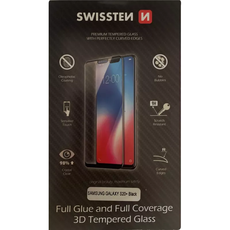 Karastatud klaasist ekraanikaitse SWISSTEN Samsung Galaxy S20+ jaoks — 3D-täisliim, ülimalt vastupidav, must