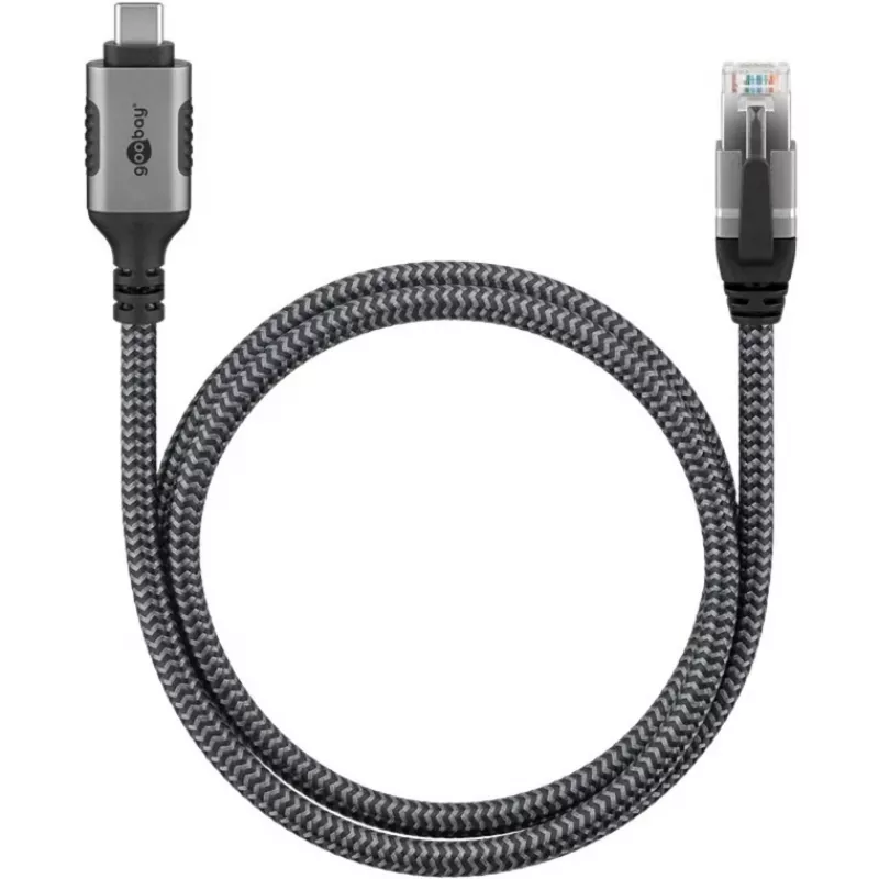 Ethernet-kaabel USB-C 3.2 Gen2 Plug > RJ-45 Plug, LAN-Adapter Must/Hõbedane, 1,5 Meter, braided textile jacket